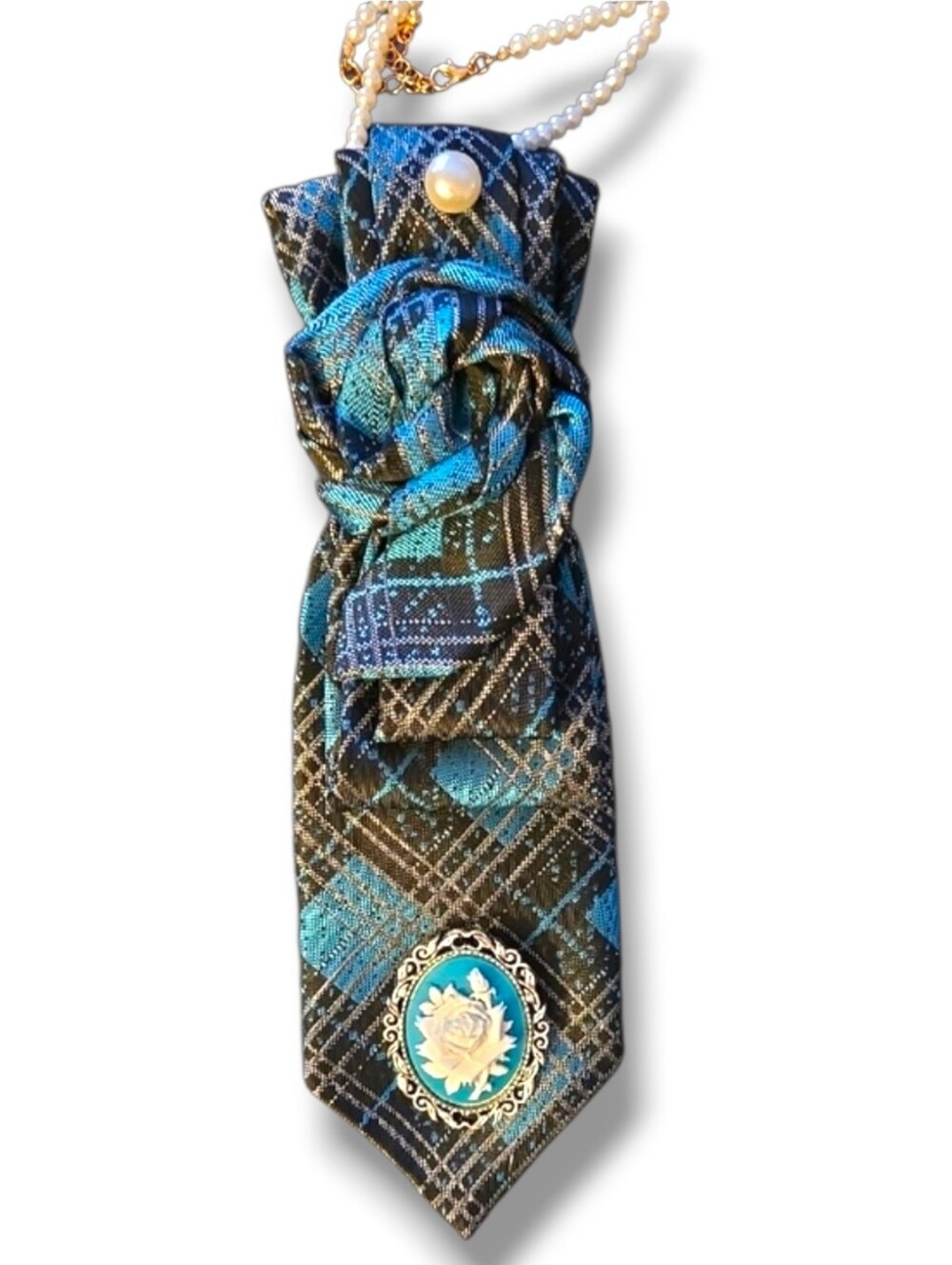 3/$60 Blue and Black Plaid Folded Cravat with Folded Rosette and Cameo
